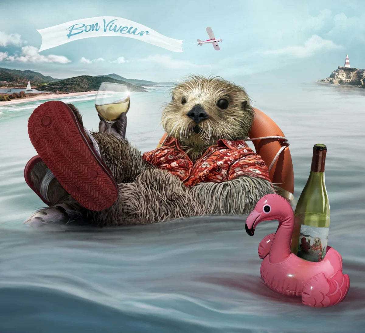 Austin, Viveur’s otter character, relaxing on the water beside a bottle of Pinot Gris